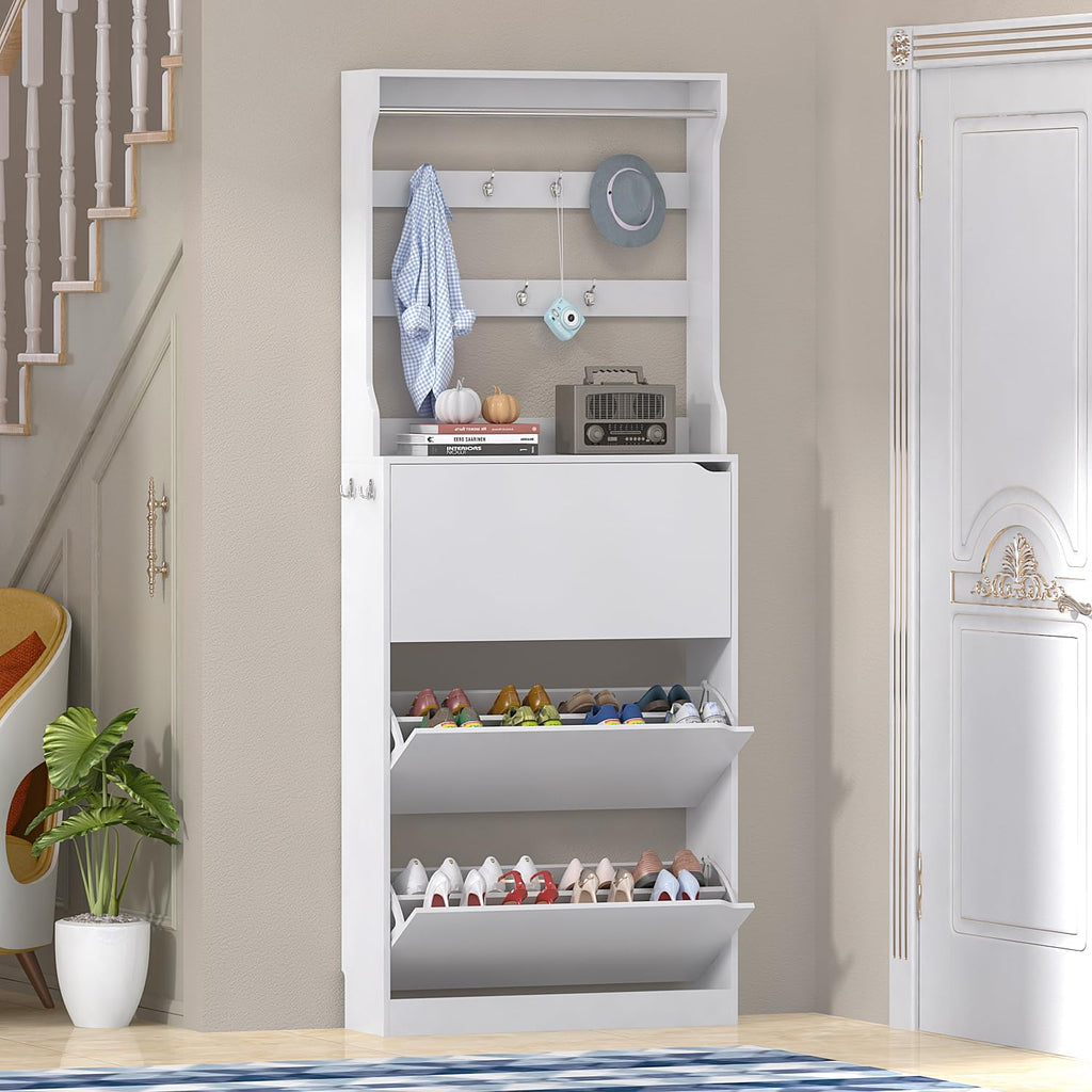 White 3 Flip Drawer Tall Wood Shoe Cabinet with Coat Rack Q80409