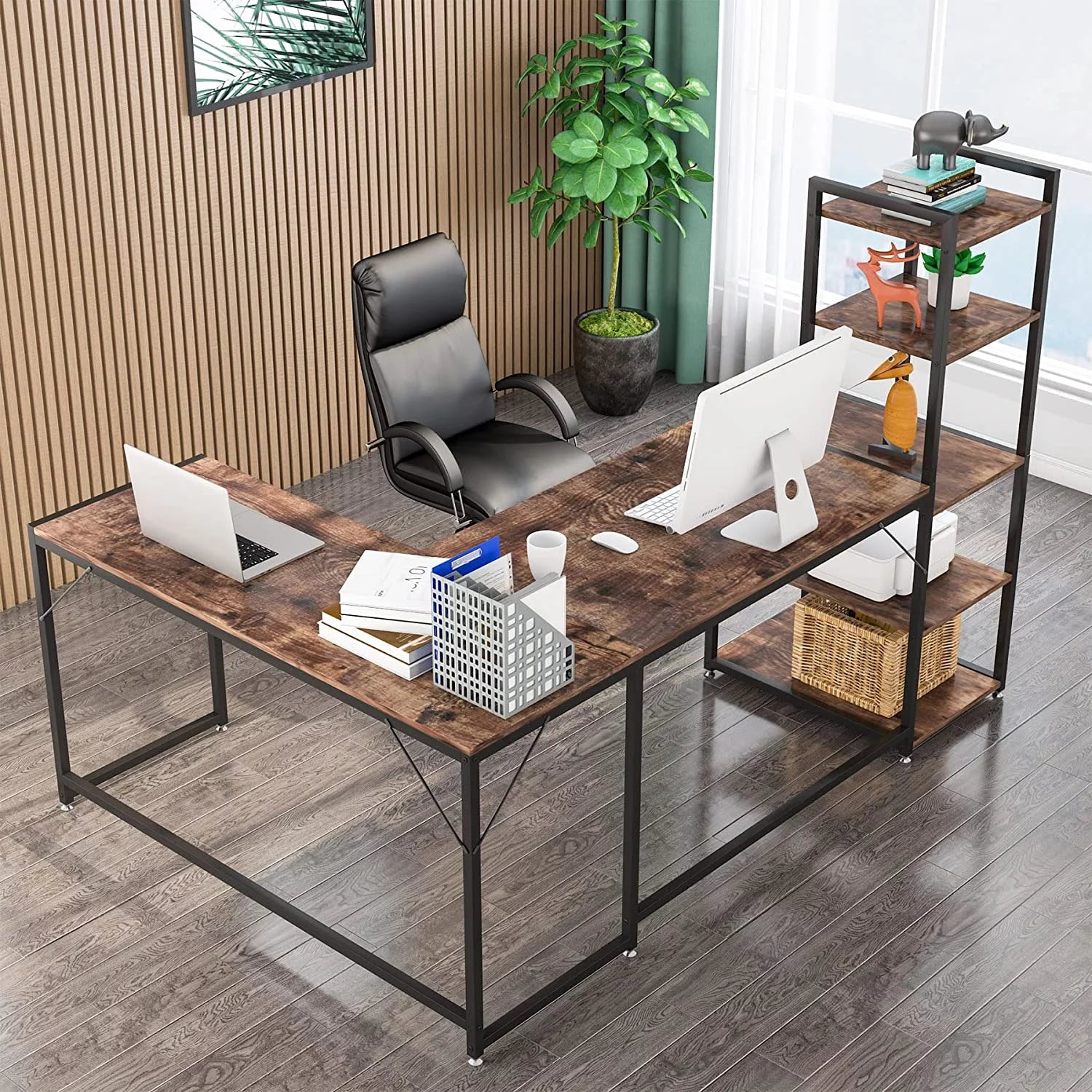 79" Reversible L-Shaped Desk with 5 Tier Storage Shelves L395717