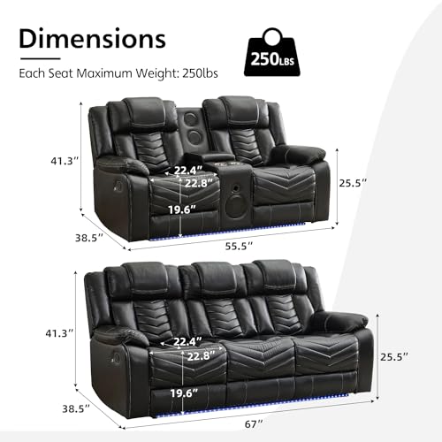 Grey Leather 3 Seater Recliner Sofa Set with Wireless Charger and LED Lights J304479