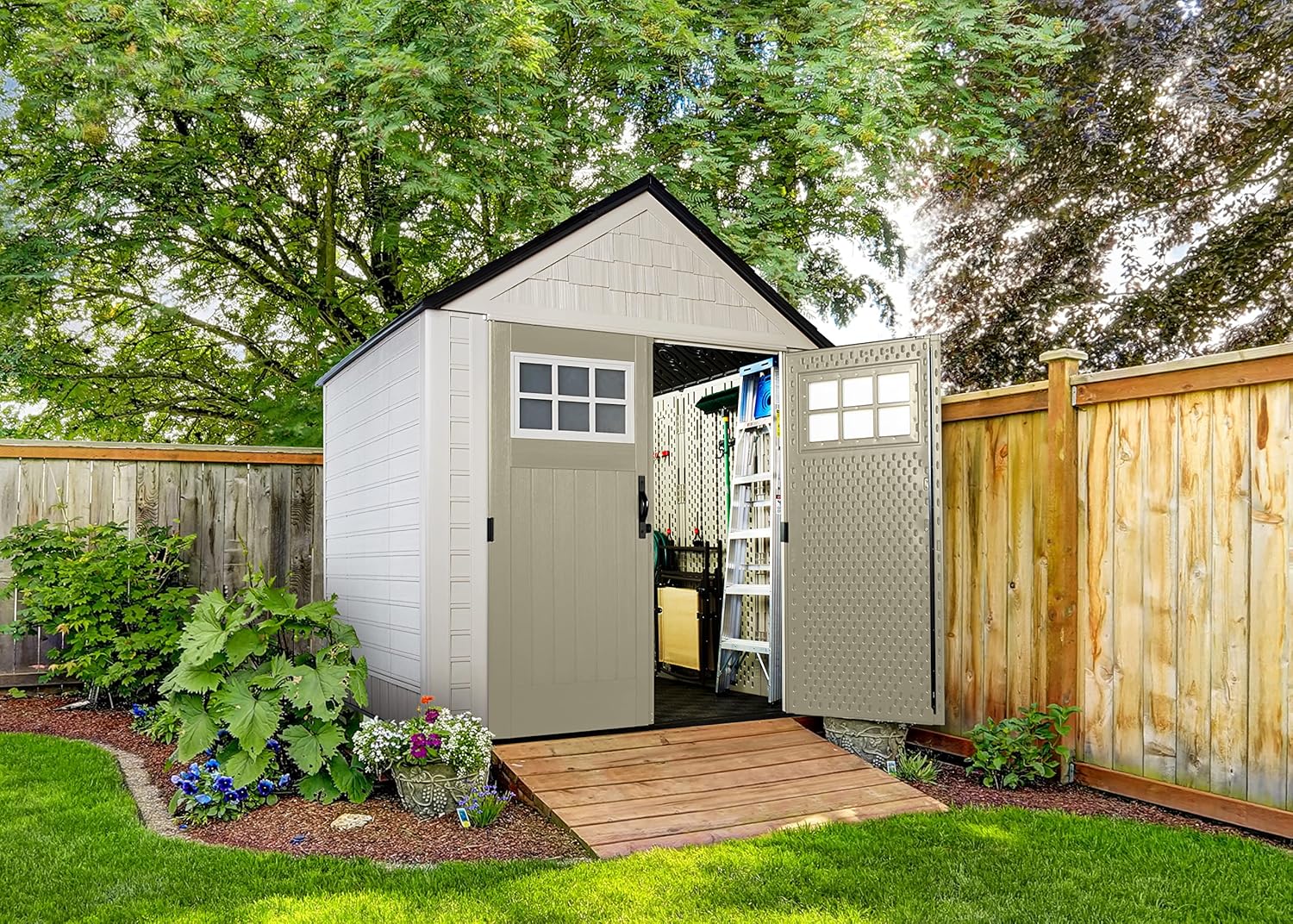 Beige/Brown 7 x 7 Ft Resin Outdoor Storage Shed W38723