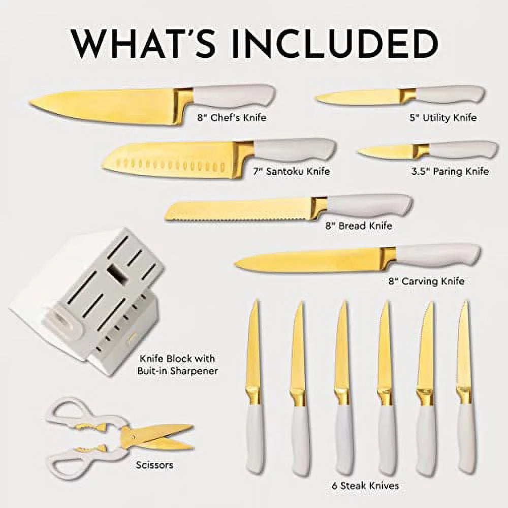14 PC Titanium Coated White and Gold Knife Set with Block T413