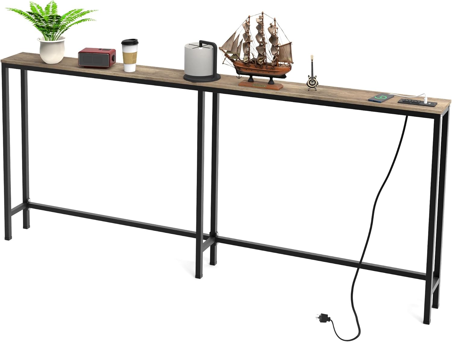 70.9 Inch Console Table with Power Outlet, Narrow Sofa Table with Charging Station E63790