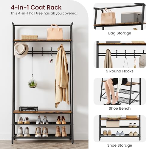 Coat Rack Shoe Bench with 5 Hooks, Wood Look Accent Furniture with Metal Frame R96784