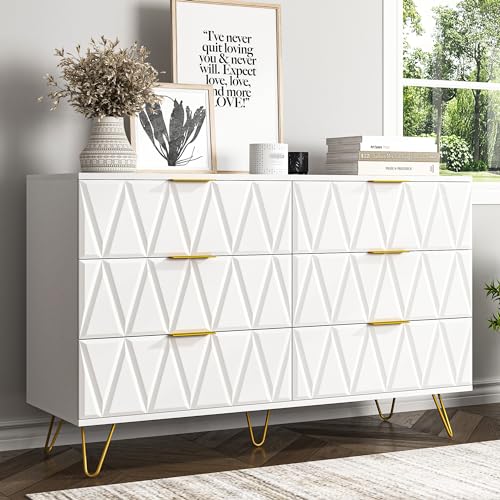 White 6 Drawer Wood Dresser with Gold Handles U1417