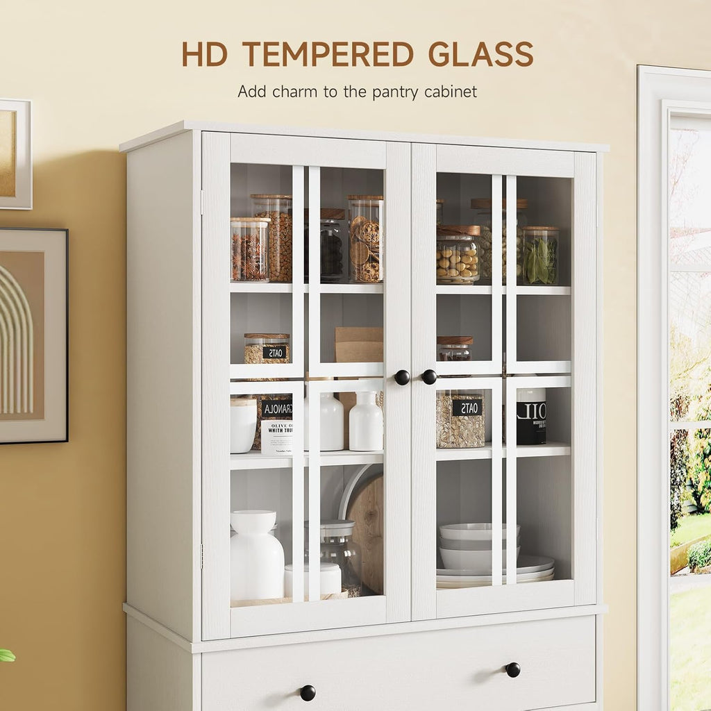 White Tall Pantry Cabinet with Glass Doors and 3 Adjustable Shelves C6771