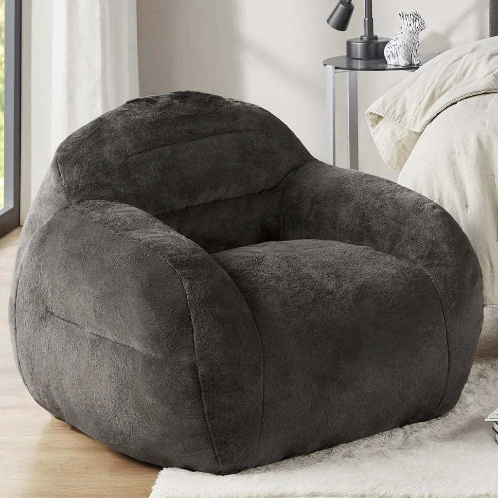 Grey Faux Fur Bean Bag Chair with Memory Foam Filler Q86125