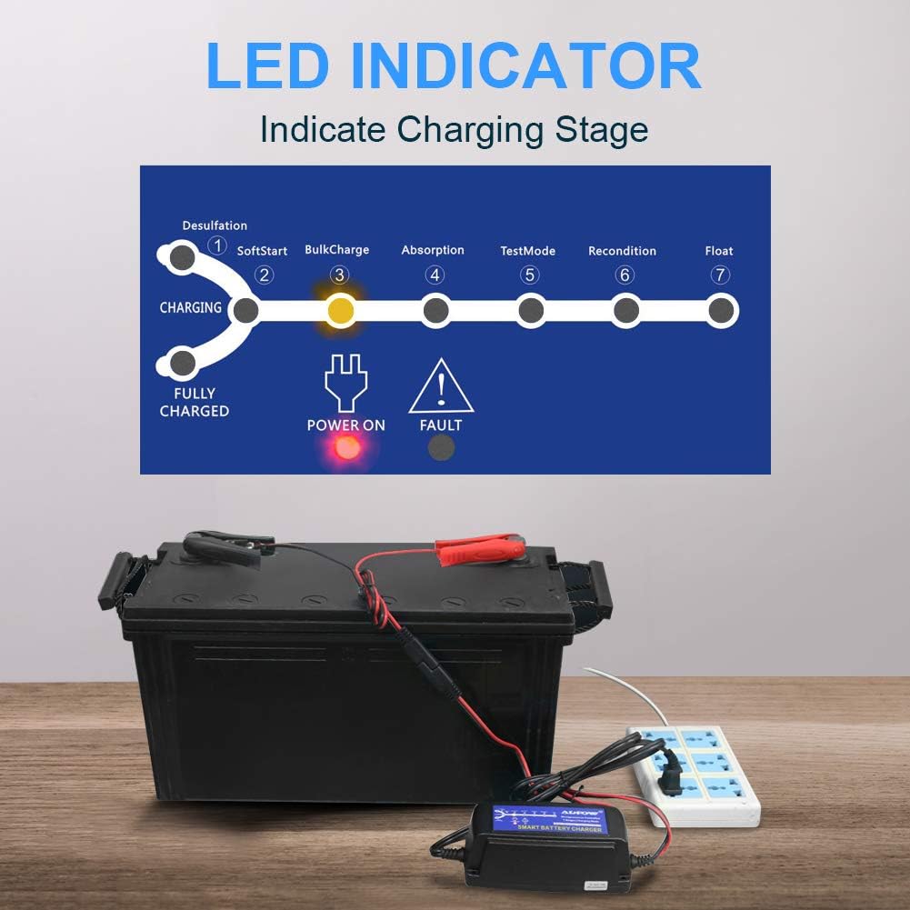 12V Automatic Smart Battery Charger Automotive Maintainer 7-Stages Trickle Charger with Terminal Cleaning Brush N6989