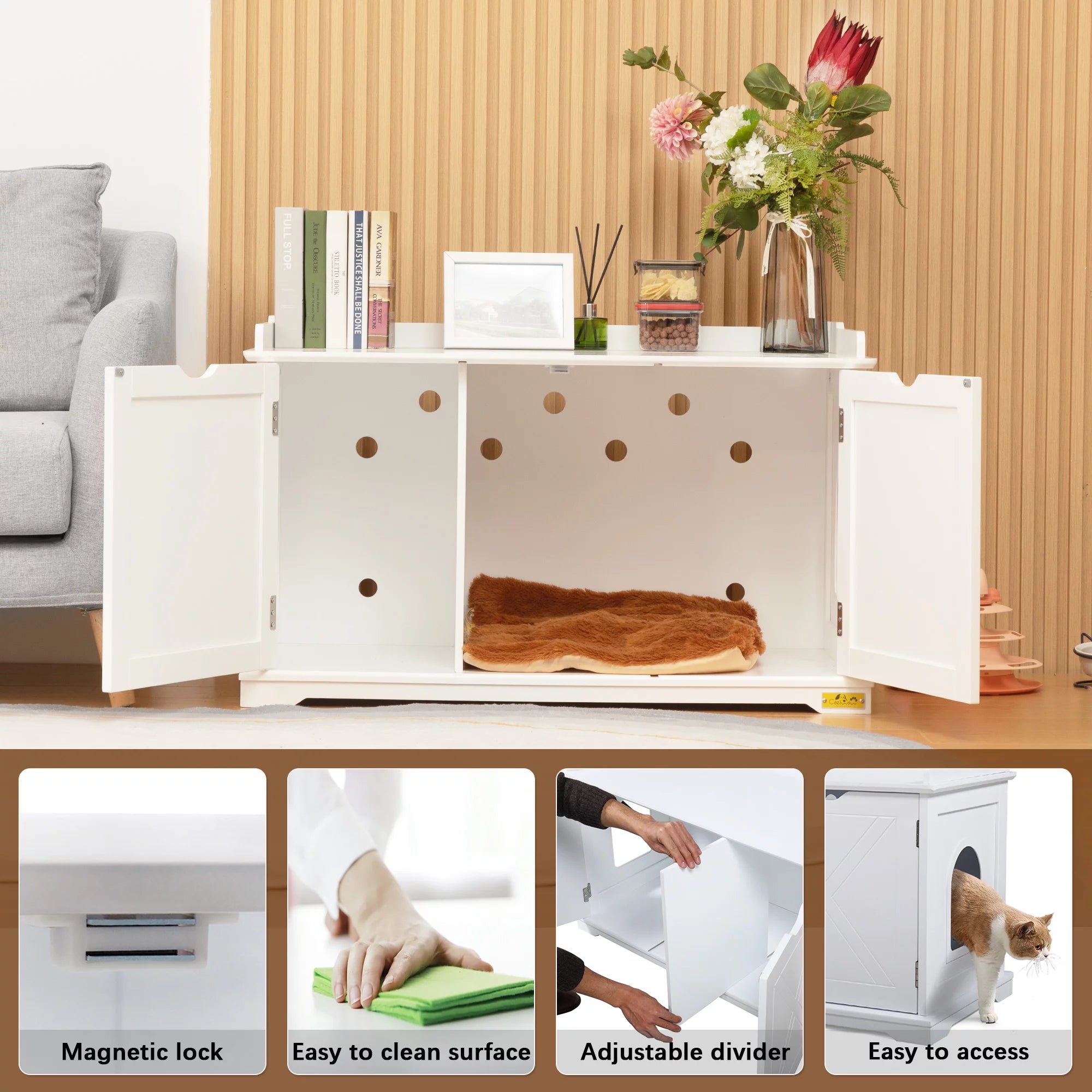 White Cat Litter Box Enclosure Storage Bench Furniture Z5469