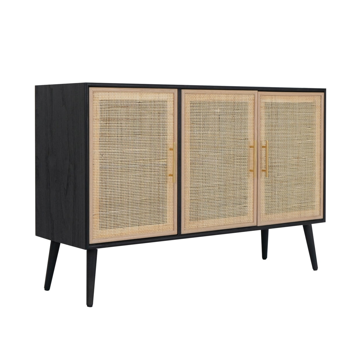 Black Pine Wood TV Media Entertainment Center with Rattan Doors D663008
