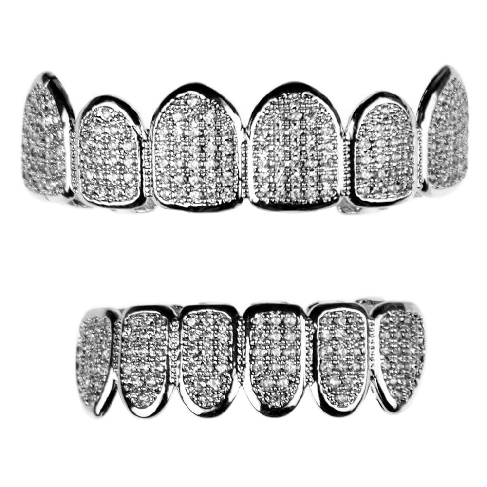 Silver Tone Micropave Gems Teeth Grills J7351