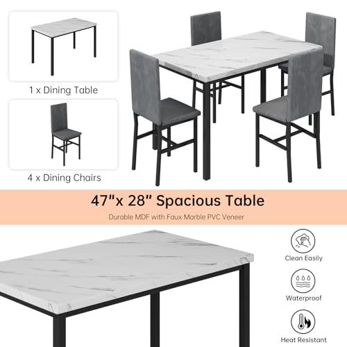 Dining Table Set for 4 with Faux Marble Tabletop and 4 PU Leather Chairs I915
