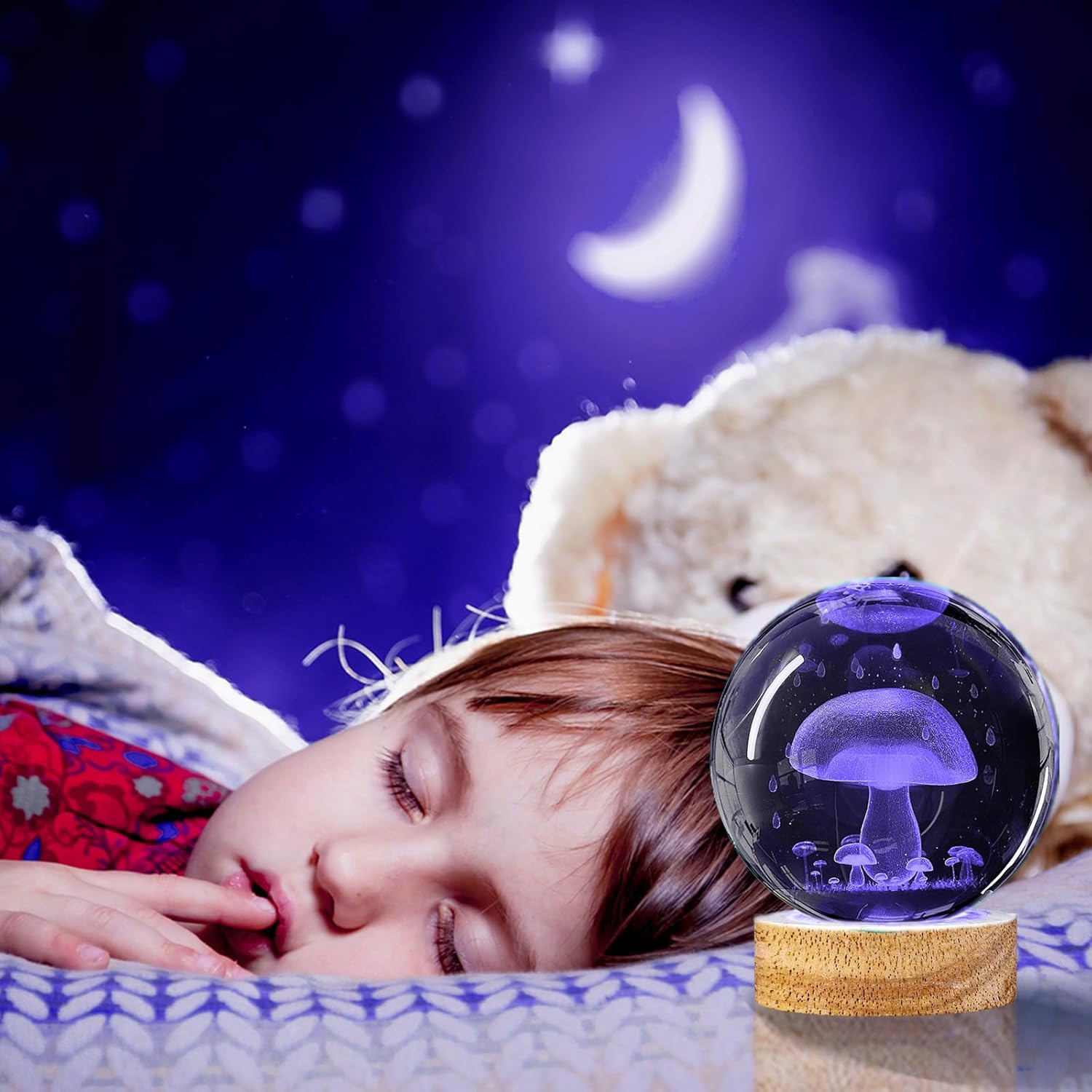 3.15in K9 Crystal Ball Night Light with Wooden Base and Remote Control R39521