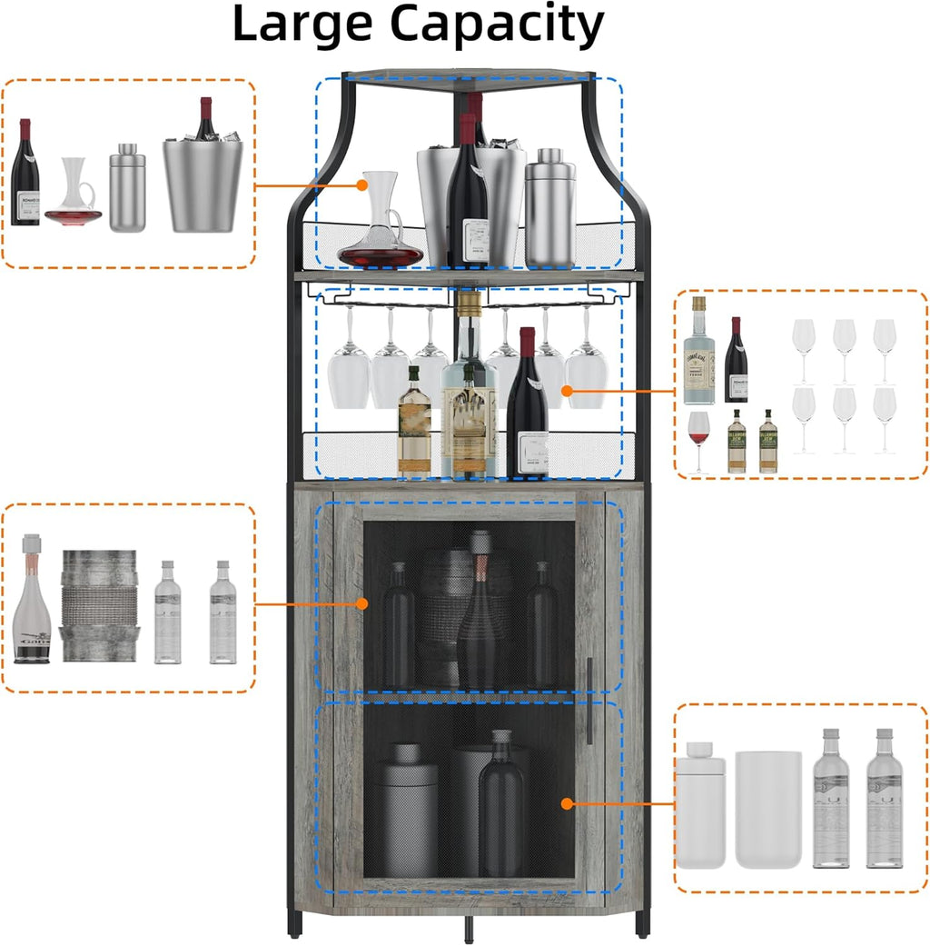 Corner Wine Cabinet with Detachable Wine Rack and Glass Holder, Grey N794