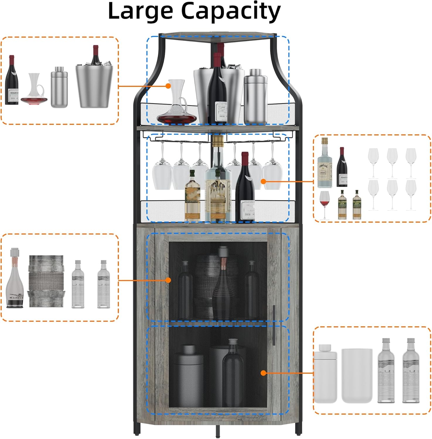 Corner Wine Cabinet with Detachable Wine Rack and Glass Holder, Grey N794