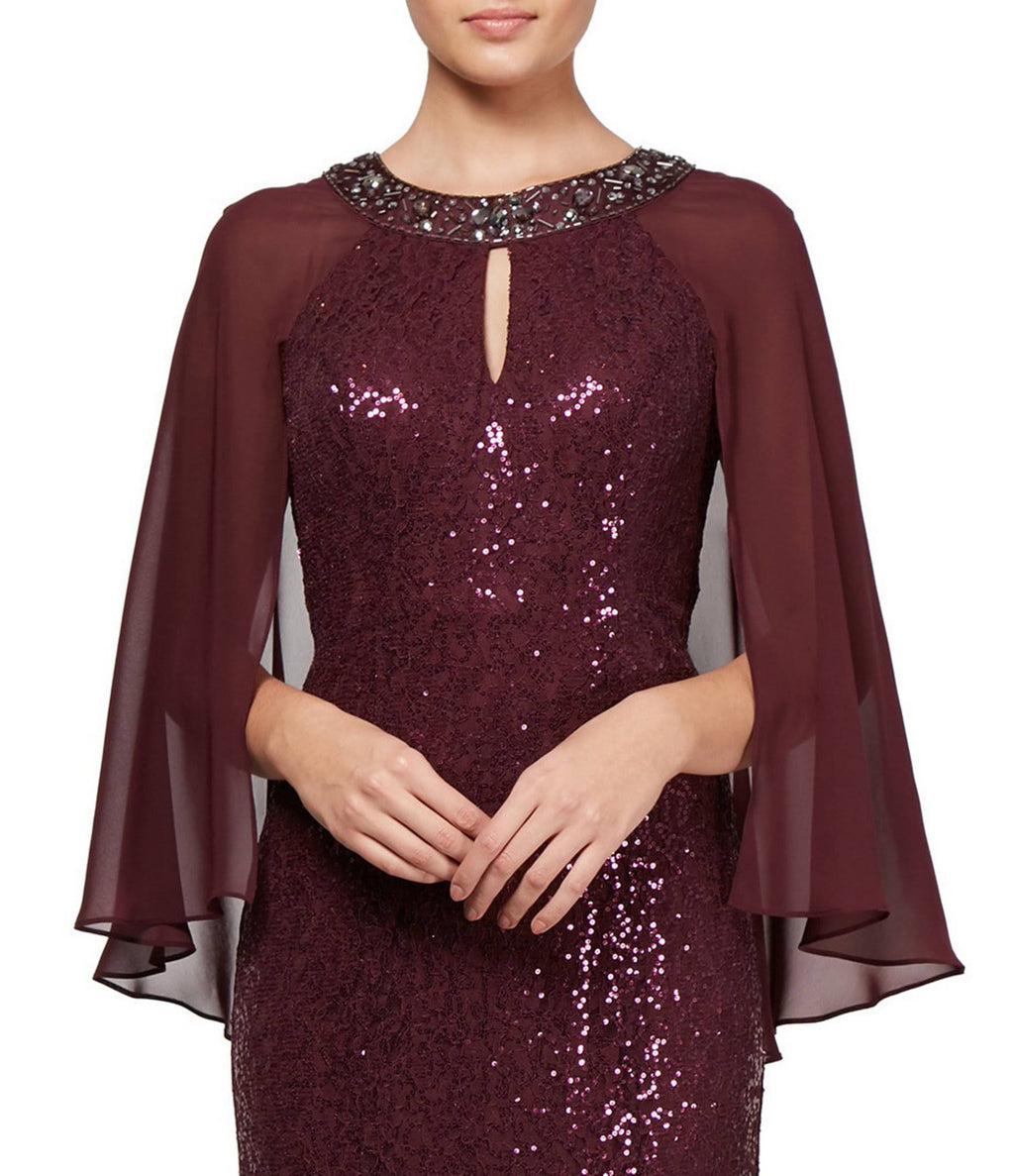 Sequin Lace Chiffon Capelet Gown U643