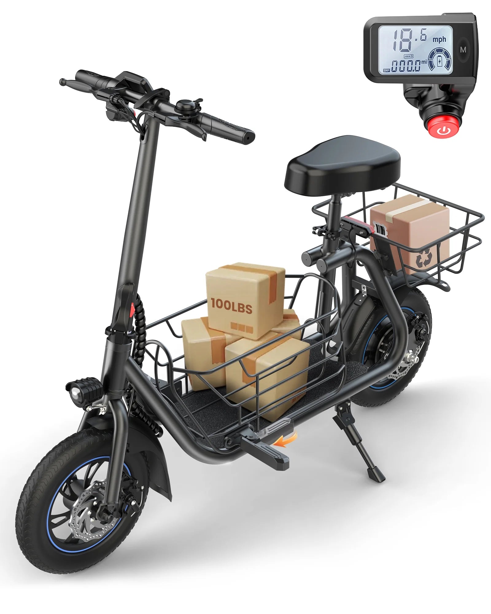 550W Electric Scooter with Seat, 12 inch, Front & Back Basket, up to 20 Miles 18.6MPH G47324