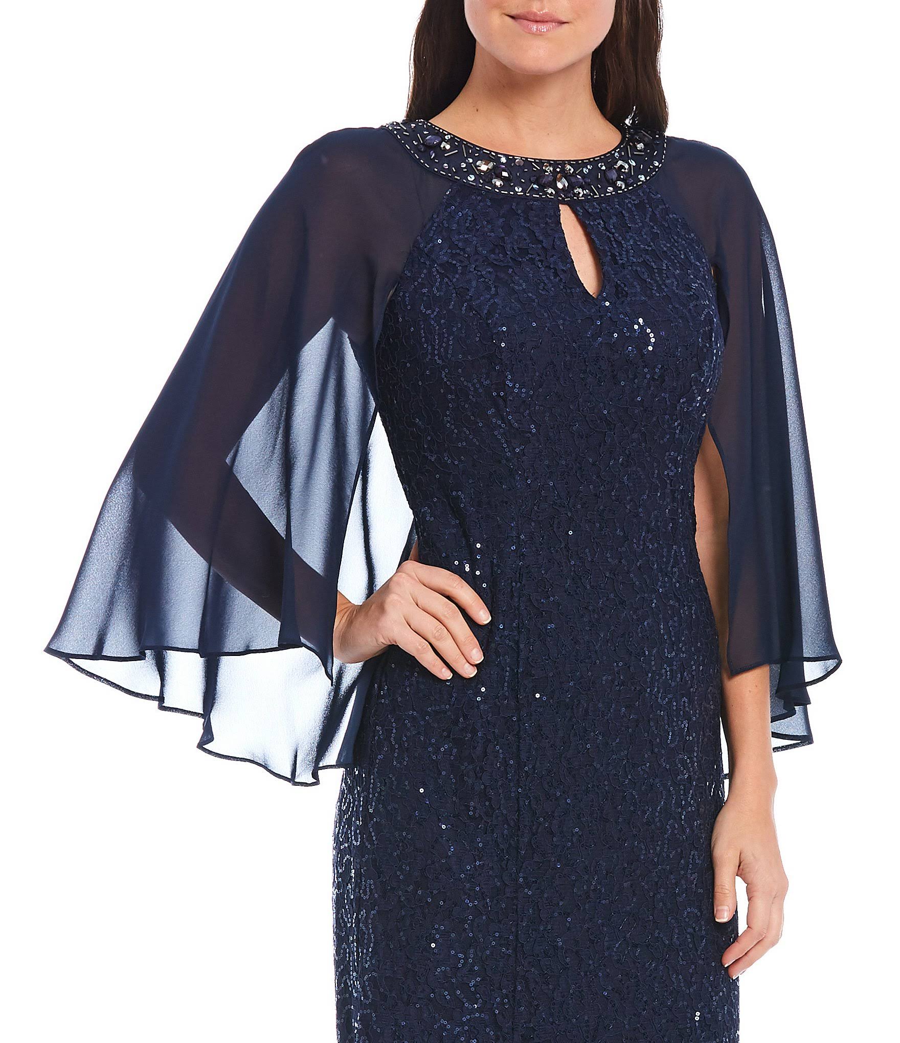 Sequin Lace Chiffon Capelet Gown U643