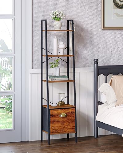 4 Tier Rustic Brown Narrow Bookshelf with Drawer D819910