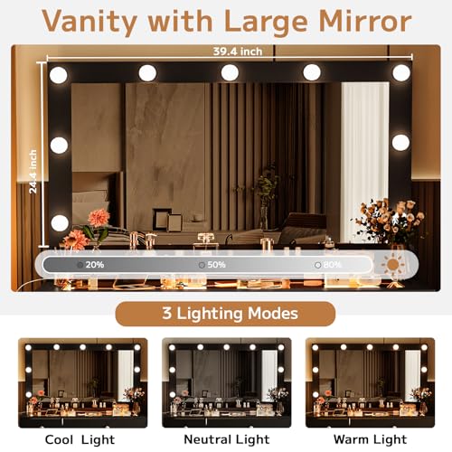 White 39.4'' Glass Top Makeup Vanity with Large Mirror and Lights J64853