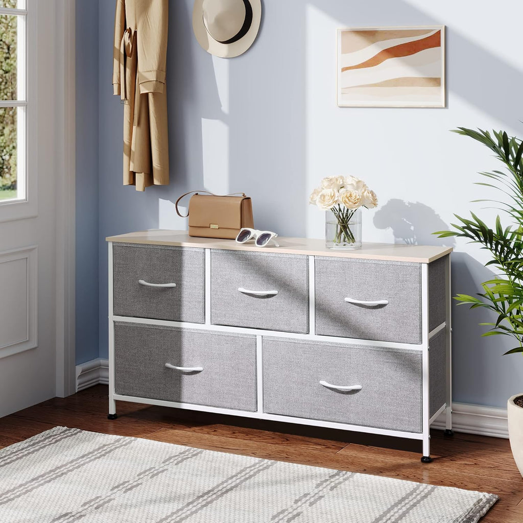 1-Drawer Nightstand and 5-Drawer Dresser Set with Fabric Bins, Steel Frame F2737