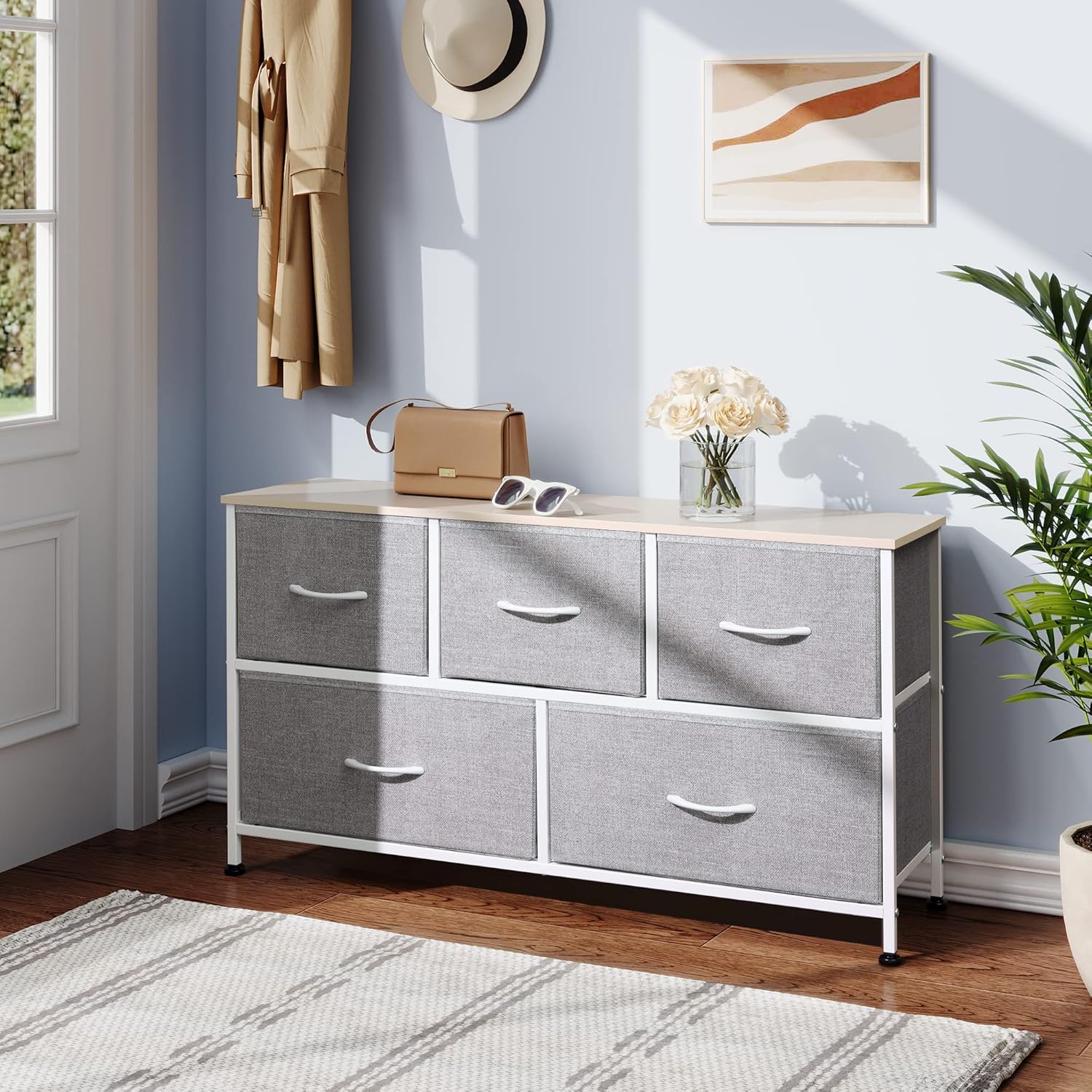 1-Drawer Nightstand and 5-Drawer Dresser Set with Fabric Bins, Steel Frame F2737