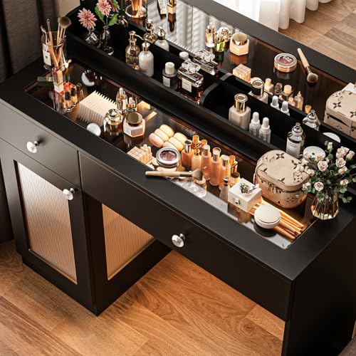 White 39.4'' Glass Top Makeup Vanity with Large Mirror and Lights J64853