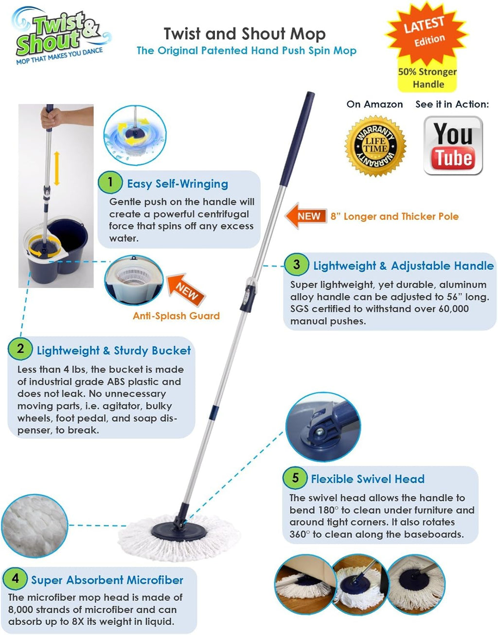 Hand Push Spin Mop with 2 Microfiber Mopheads O1387