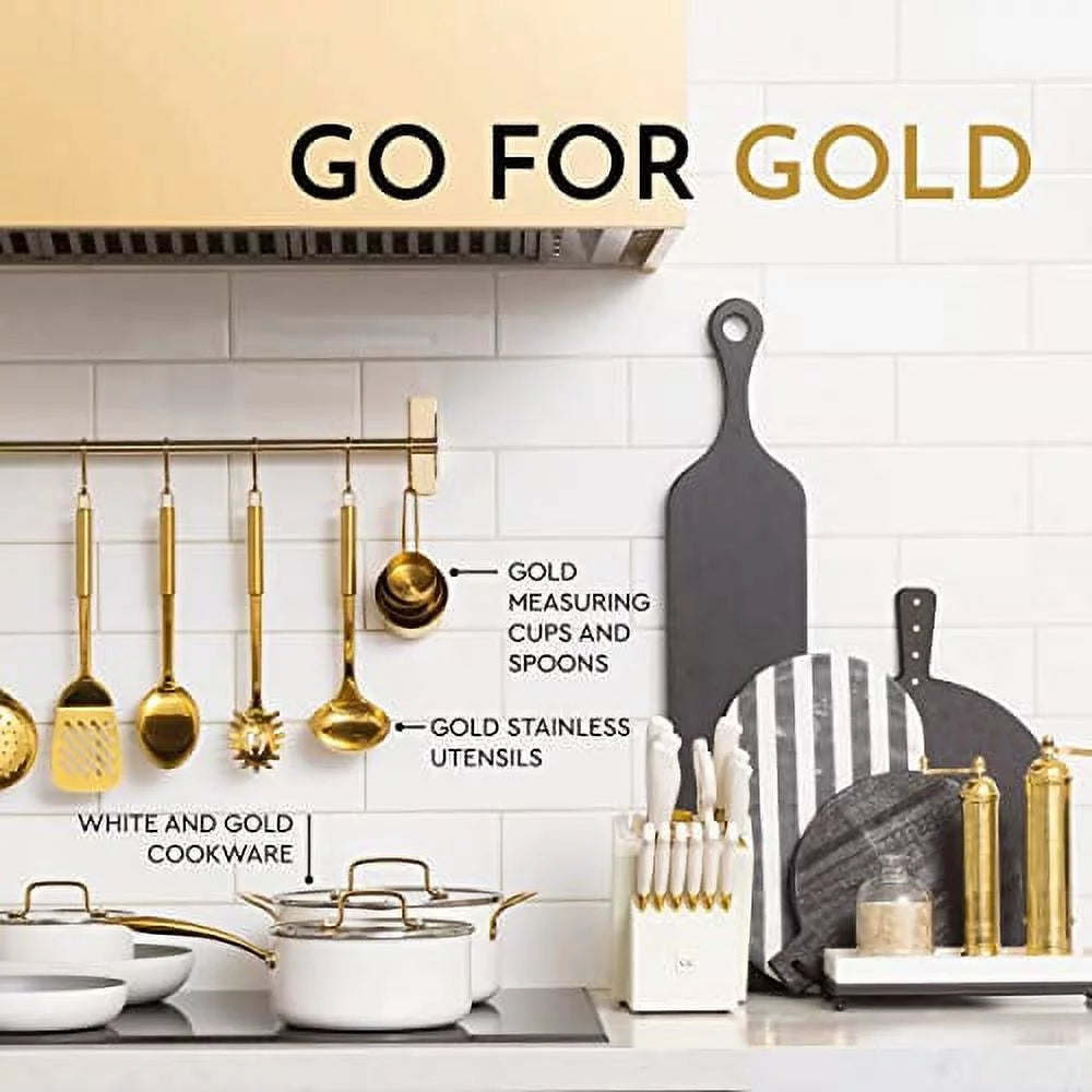 14 PC Titanium Coated White and Gold Knife Set with Block T413