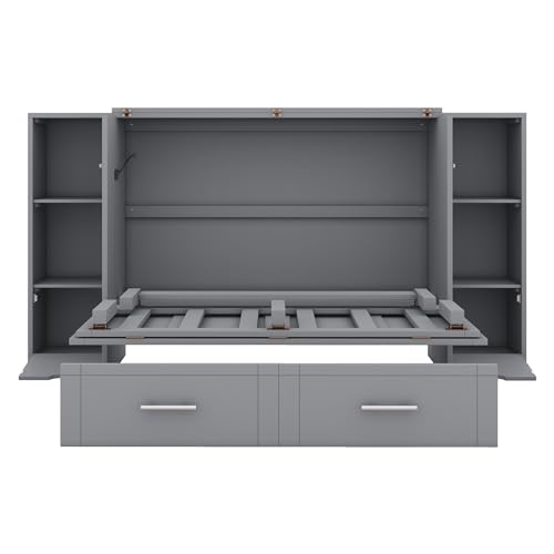 White Solid Wood Murphy Bed with Bookcase and Drawers S8446