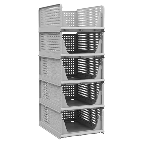 5 Pack Stackable Plastic Storage Basket Foldable Storage Bins P219
