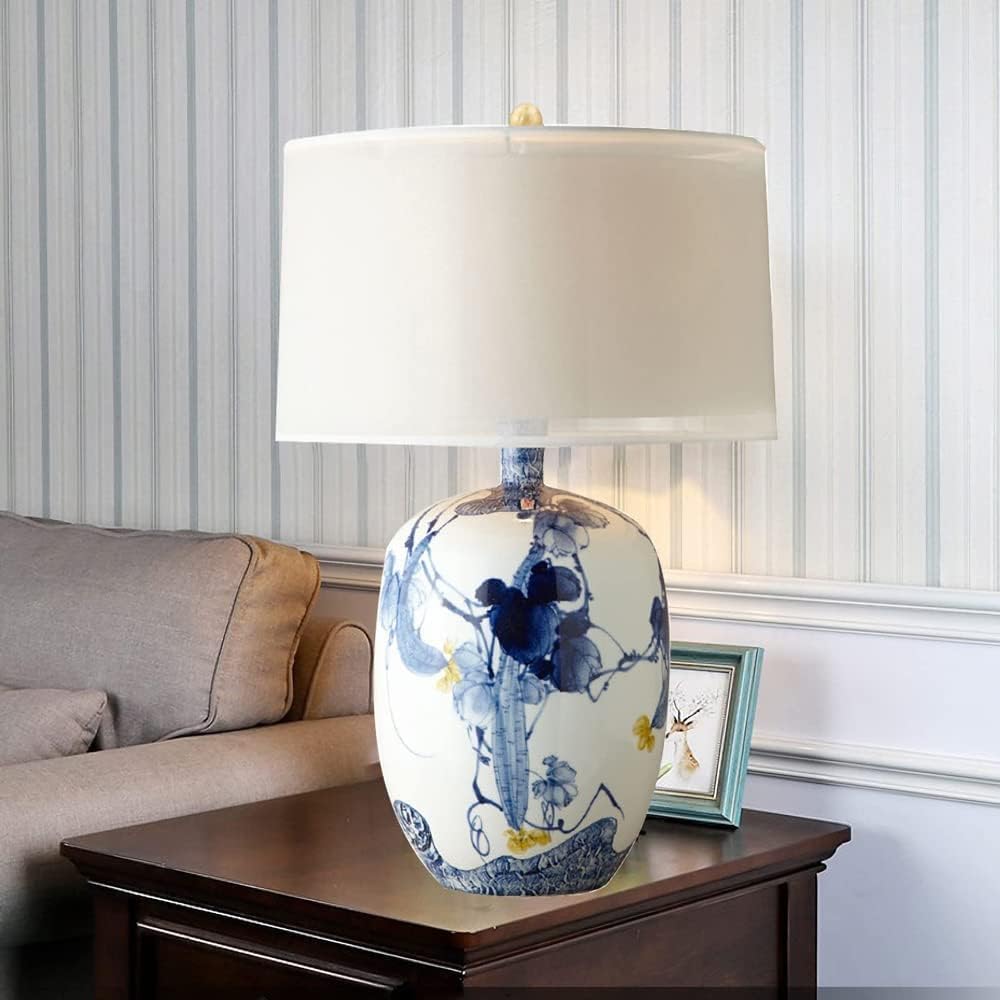 Blue and White Porcelain Table Lamp with Drum Shade O9908