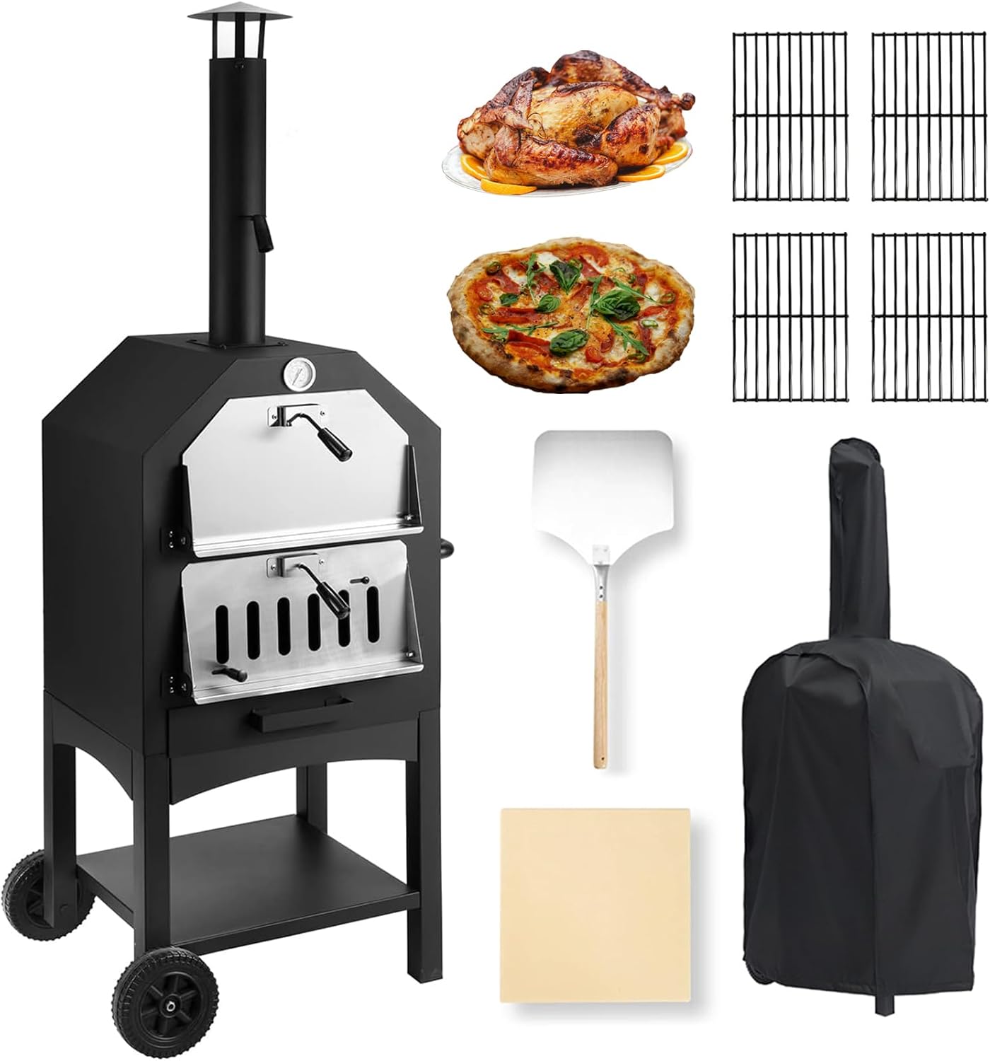 Wood-Fired Pizza Oven with Pizza Stone, Pizza Peel, Grill Rack and Waterproof Cover B16800