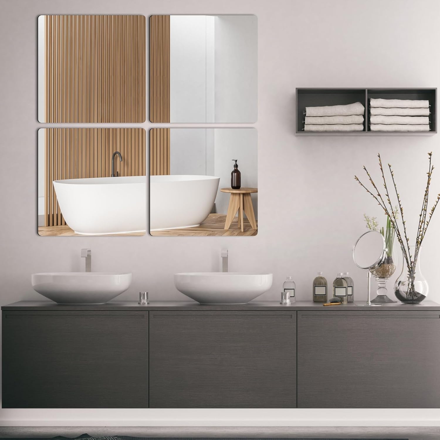 4 Pcs Self Adhesive Acrylic Square Mirror Tiles D892683