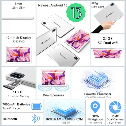 Android Tablet 10.1 Inch 16GB RAM 128GB ROM 2 in 1 Tablet with Keyboard Mouse Pen Octa-Core 2.0Ghz 7000mAh 1080FHD 13MP Camera Silvery K9409