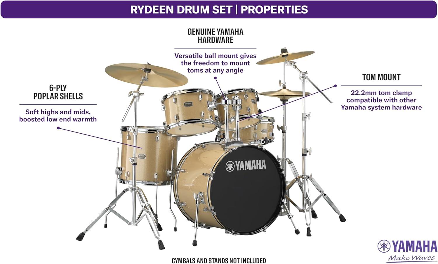 5-Piece Drum Set With 22" Bass Drum, Floor Tom, 2 Toms And Wood Snare Drum, Champagne Glitter V207794