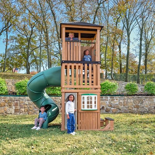 Three-Story Wooden Outdoor Playhouse with Slide I5760