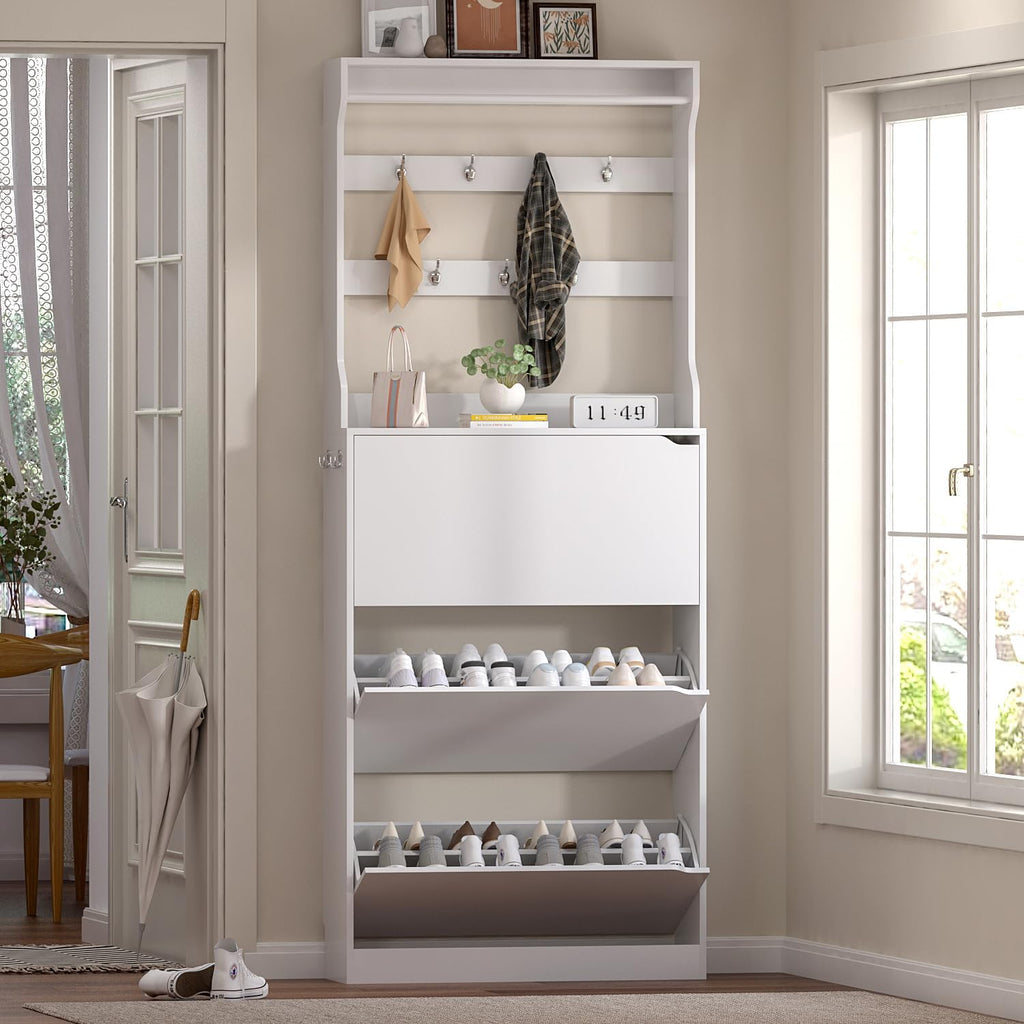 White 3 Flip Drawer Tall Wood Shoe Cabinet with Coat Rack Q80409