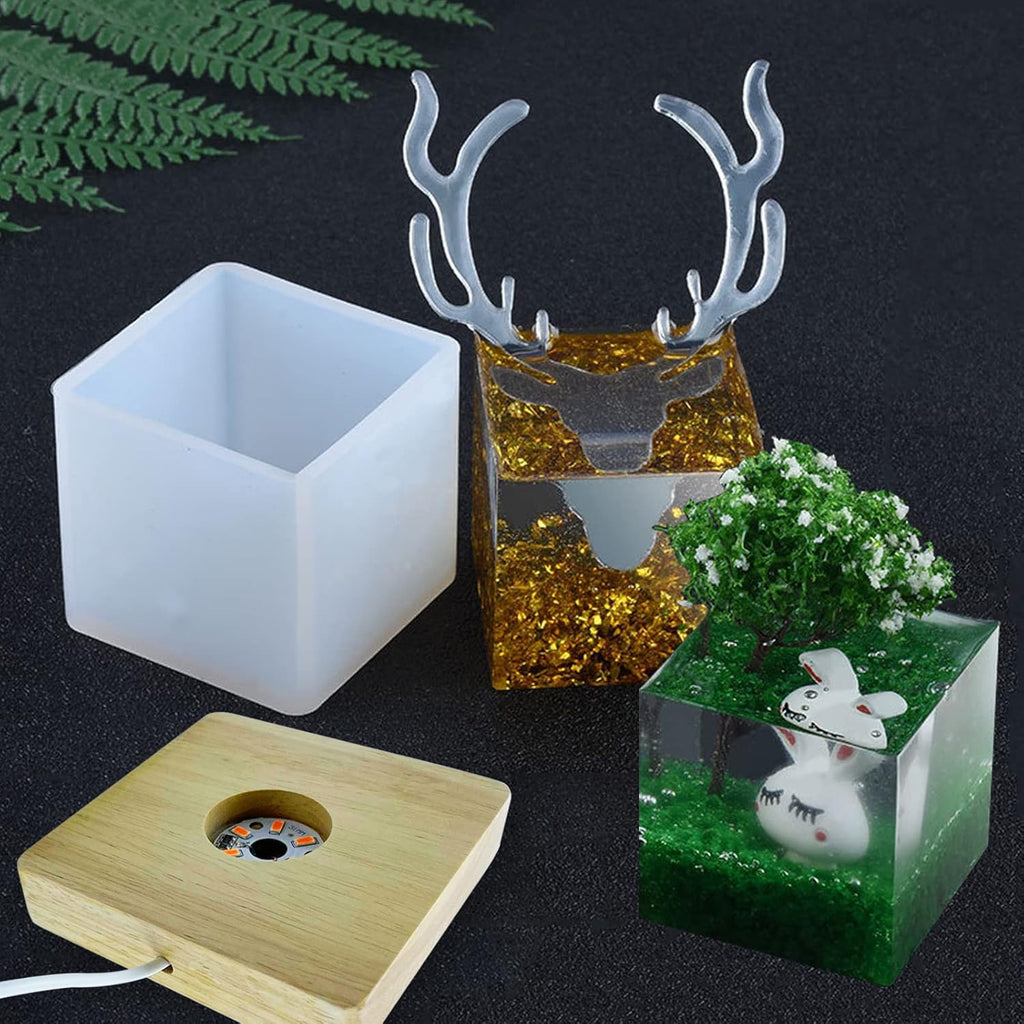Large Cube LED Silicone Molds with USB Powered Wooden Lighted Base D378895