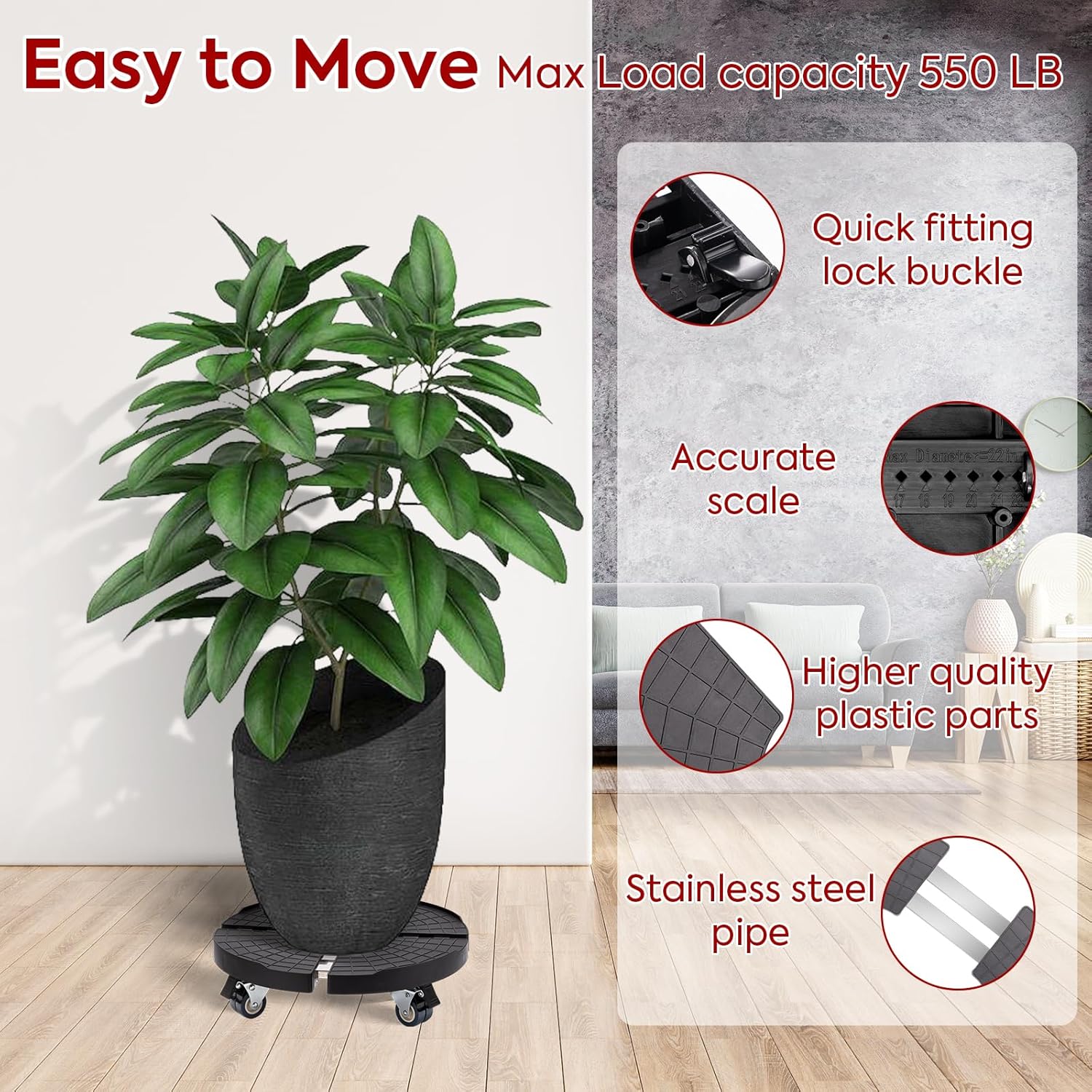 Plant Caddy with Wheels Heavy Duty, 550LBS Adjustable 15.7in-22in Large Plant Stand with Dual Lockable Casters E66852