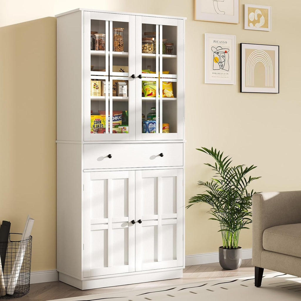White Tall Pantry Cabinet with Glass Doors and 3 Adjustable Shelves C6771