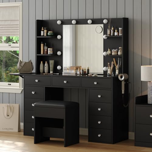 Black Vanity Desk with Lighted Mirror and Chair P75026