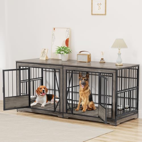 Brown Extra Large Double Dog Crate Furniture with Adjustable Divider G1688