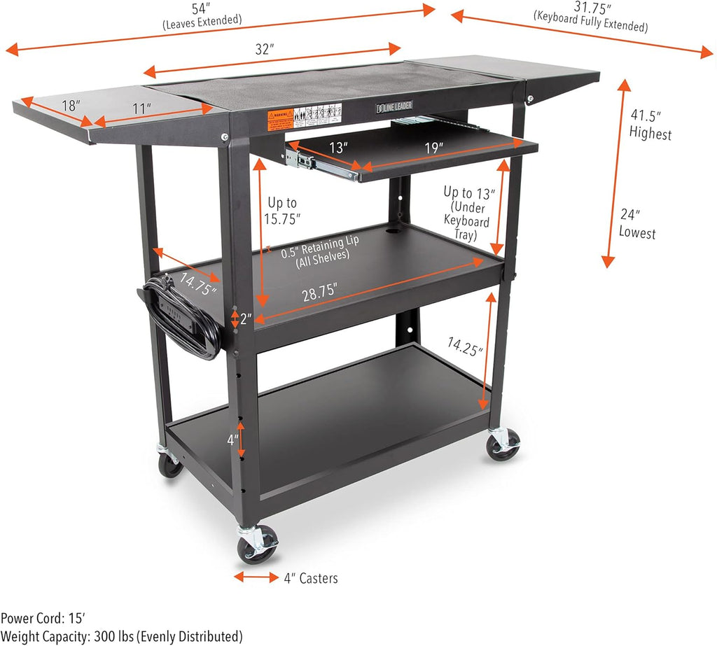Large AV Cart with Drop Leaves, Height Adjustable, 54in x 18in x 42in Black S26410