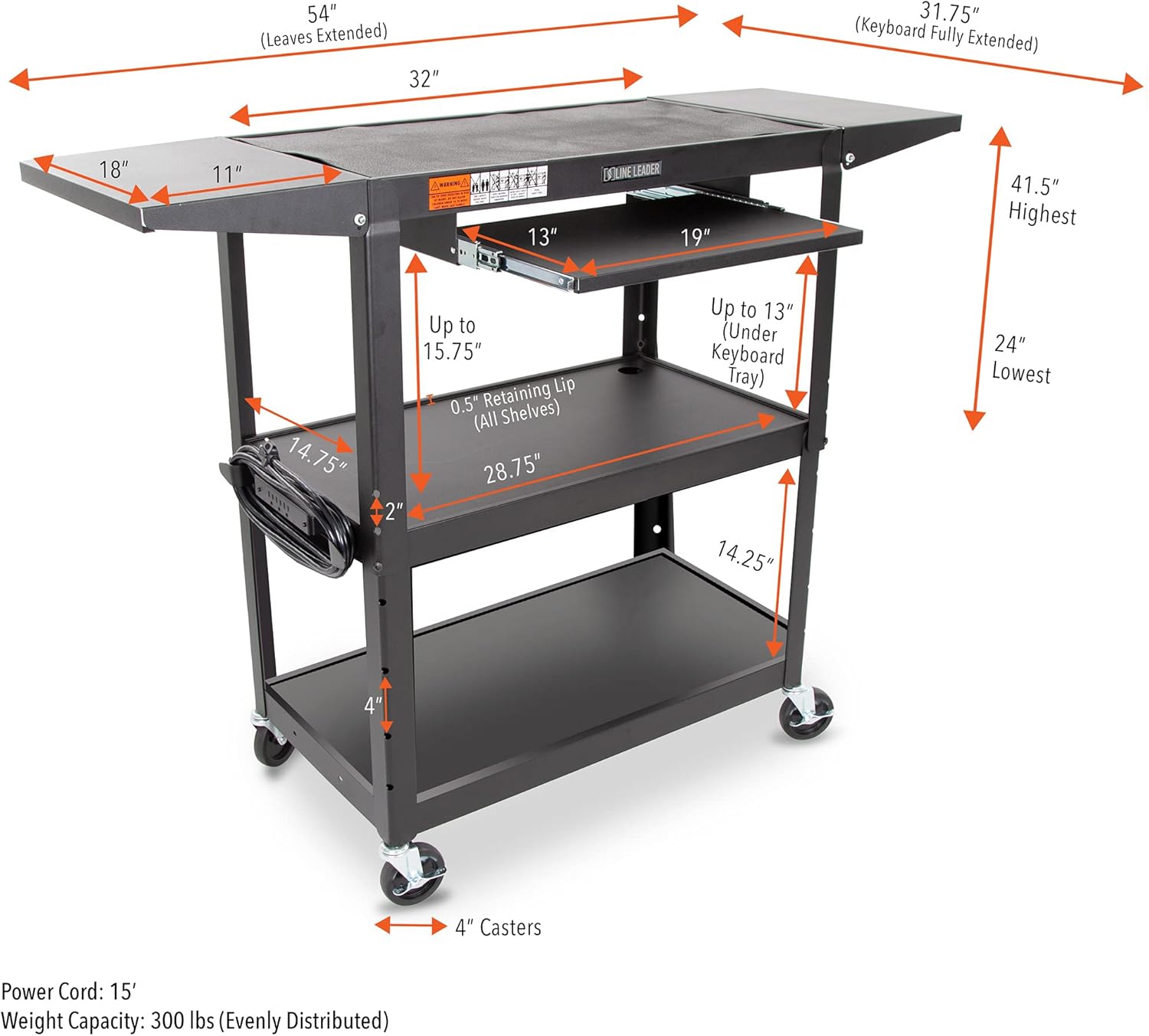 Large AV Cart with Drop Leaves, Height Adjustable, 54in x 18in x 42in Black S26410