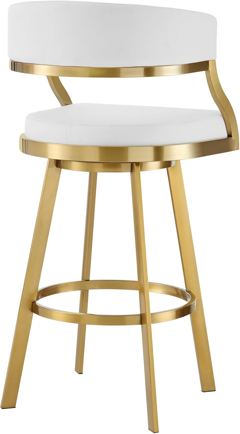 30" Swivel Bar Stool with Gold Brushed Stainless Steel and White Faux Leather B295