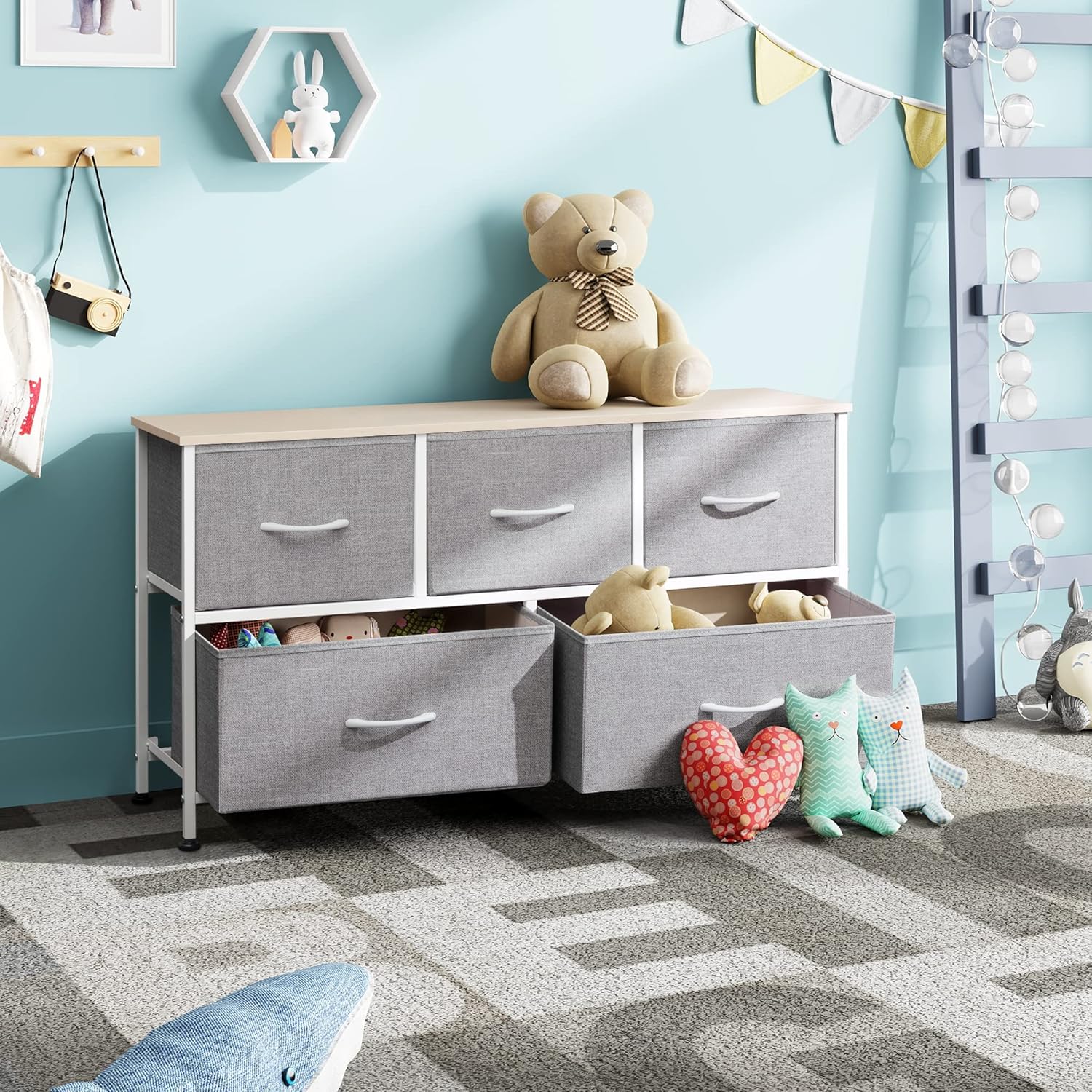1-Drawer Nightstand and 5-Drawer Dresser Set with Fabric Bins, Steel Frame F2737