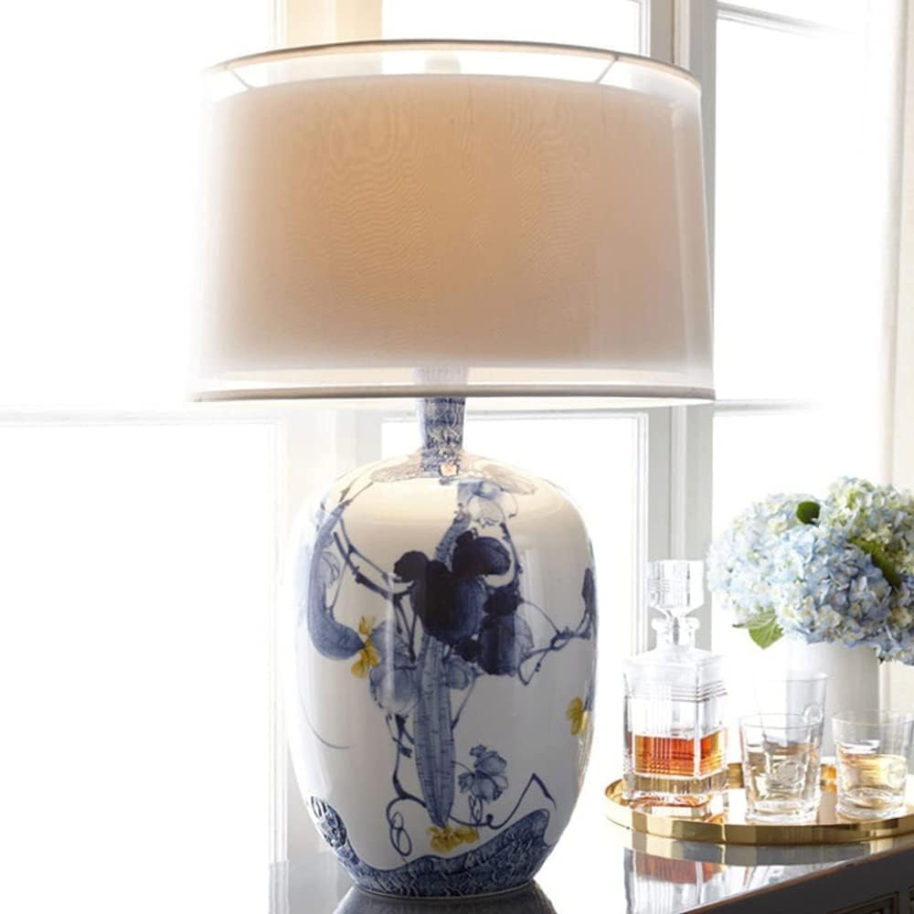 Blue and White Porcelain Table Lamp with Drum Shade O9908