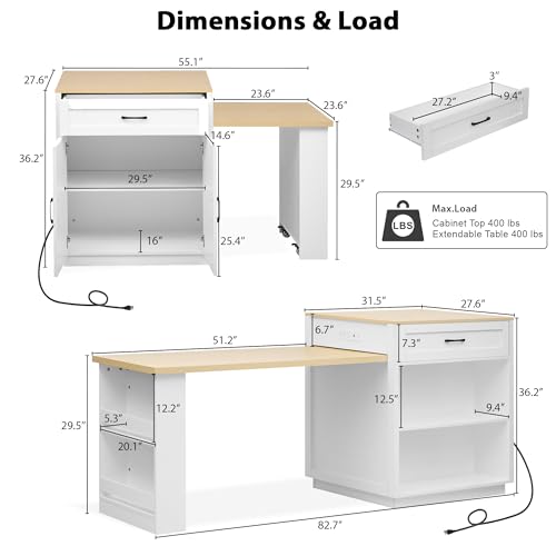 White Oak Kitchen Island with Extendable Dining Table and Storage L9100