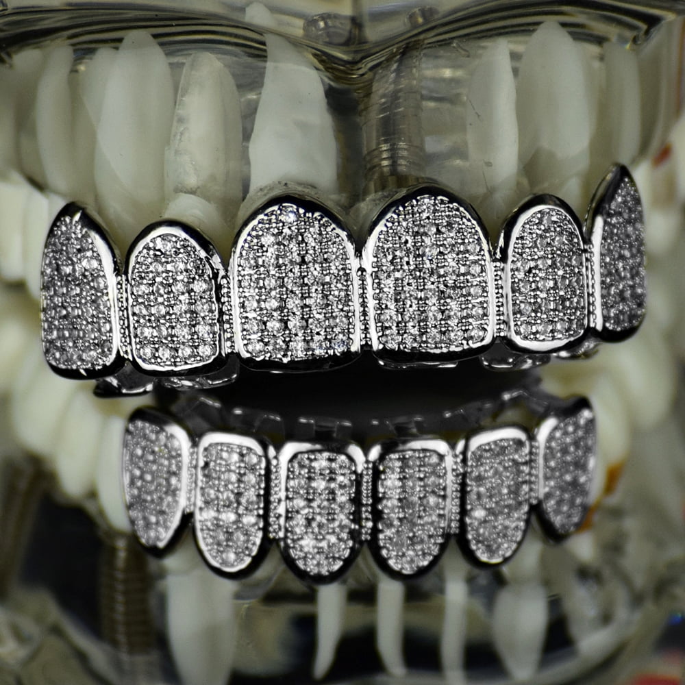 Silver Tone Micropave Gems Teeth Grills J7351