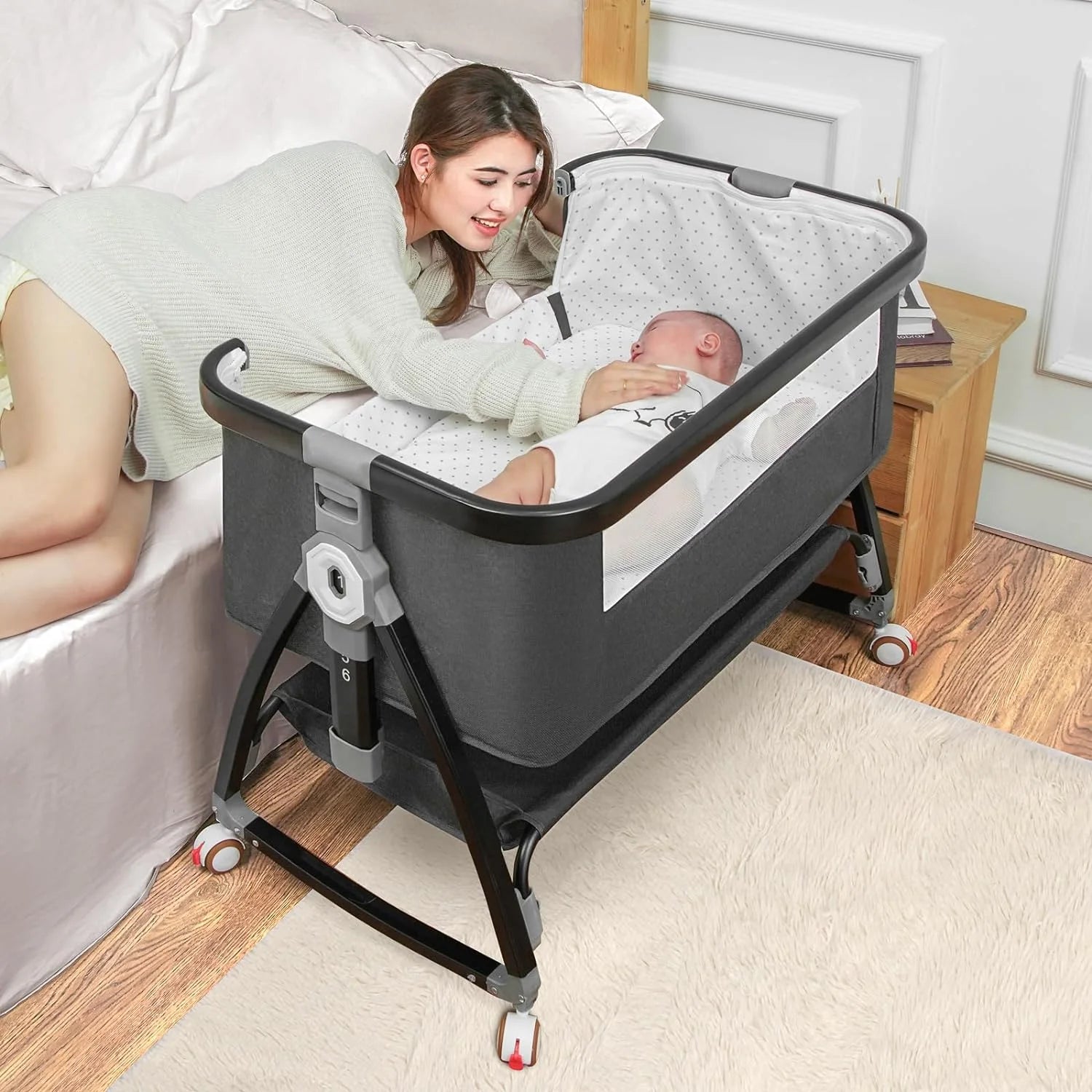 Baby Bassinet Bedside Sleeper with Adjustable Height and Wheels V9208